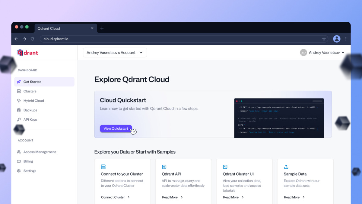 Qdrant Cloud dashboard showing cluster overview with CPU, RAM, and disk usage metrics