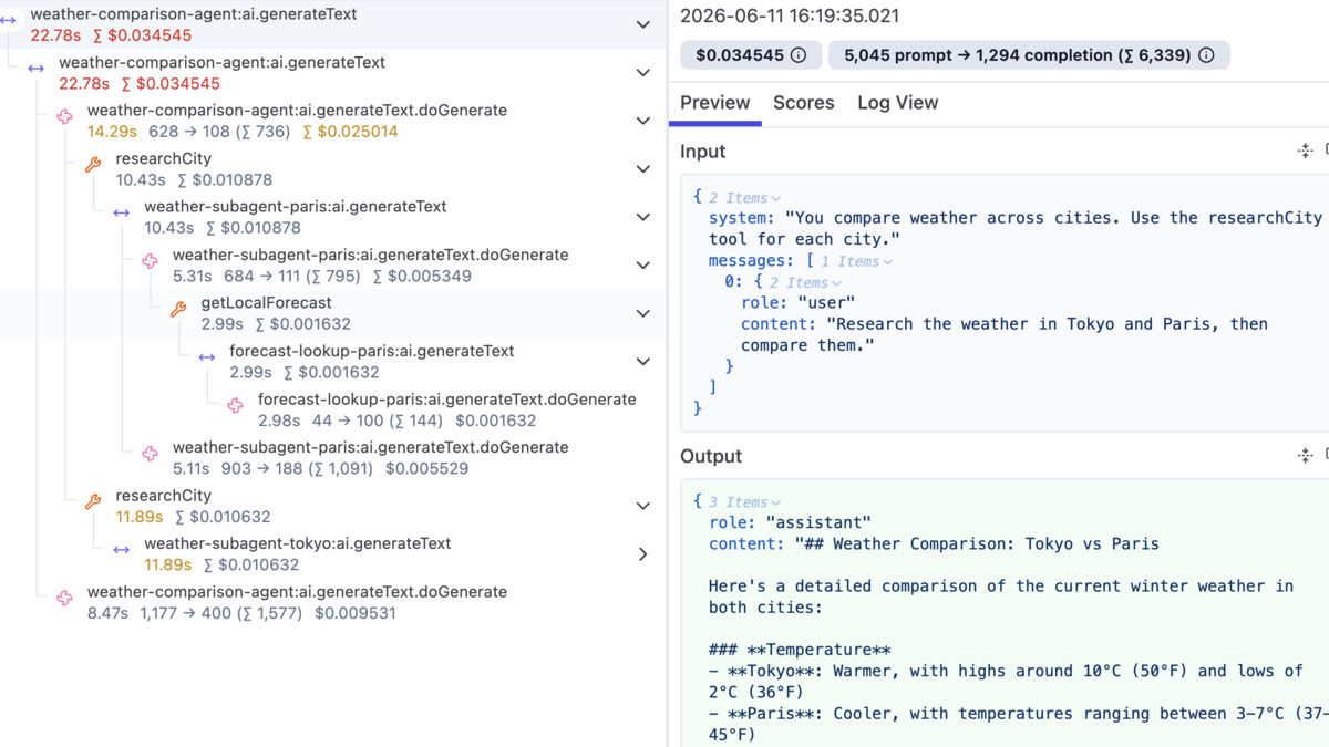 Agent execution trace in Langfuse with multi-step tool calls via AI SDK 7