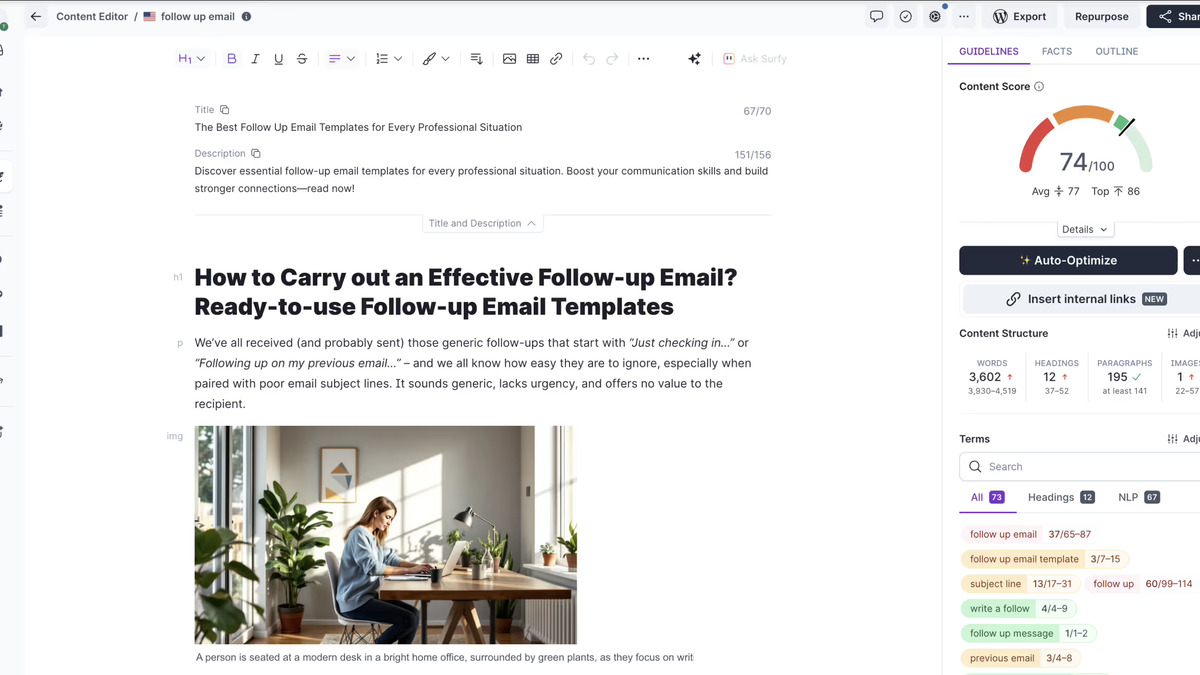 Surfer SEO Content Editor showing real-time content score and optimization suggestions