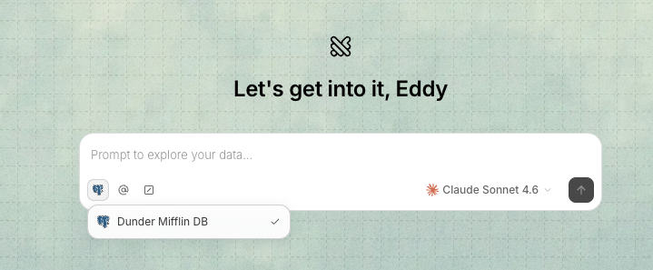 Querio data source selection screen showing database connection options