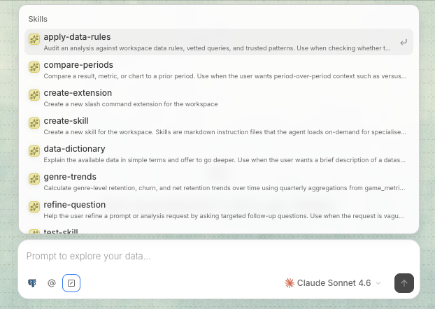 Querio Skills panel showing built-in and custom analysis skills