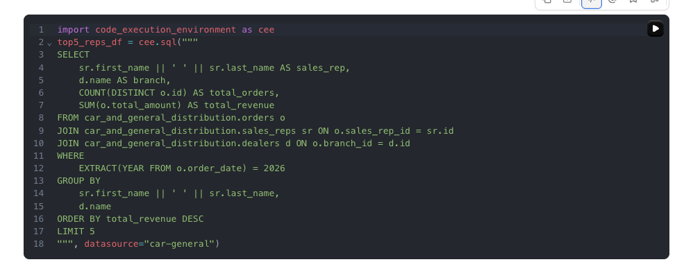 Querio generated SQL shown in notebook view - multi-table join with schema-qualified references