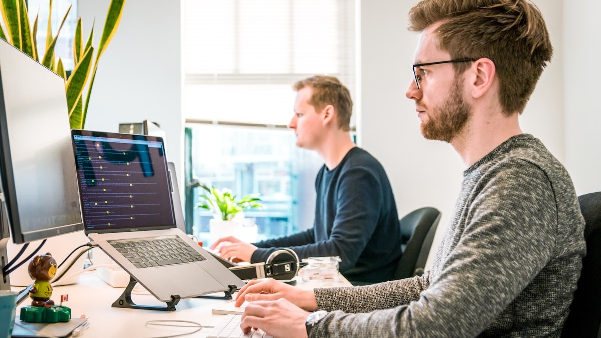 Two professionals working at laptops in a bright office with plants in the background