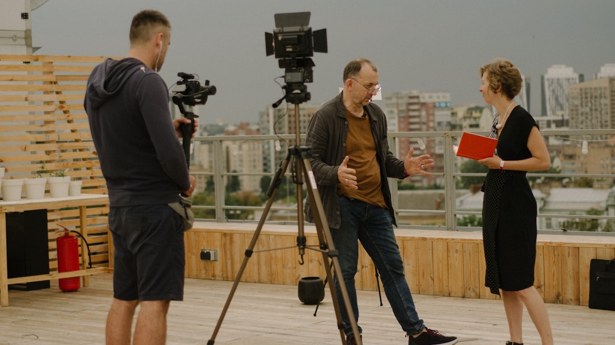 Journalist conducting an interview in the field