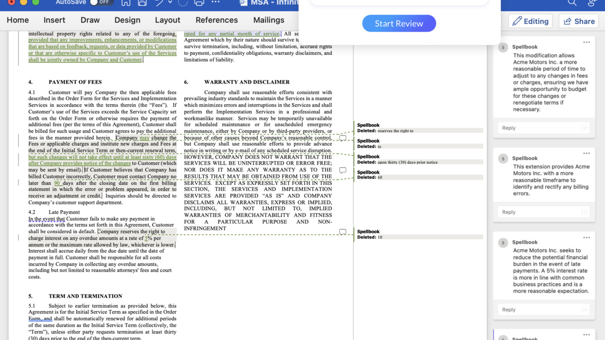Spellbook's AI sidebar integrated within Microsoft Word for contract drafting