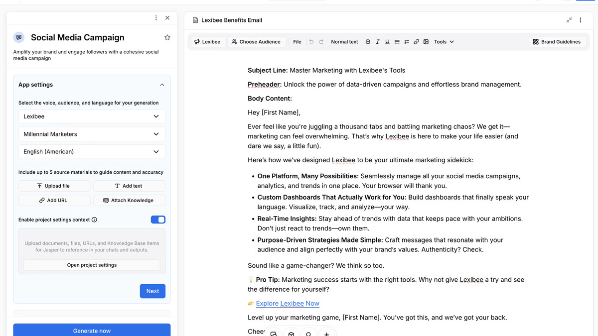 Jasper's document editor with brand voice controls and marketing templates
