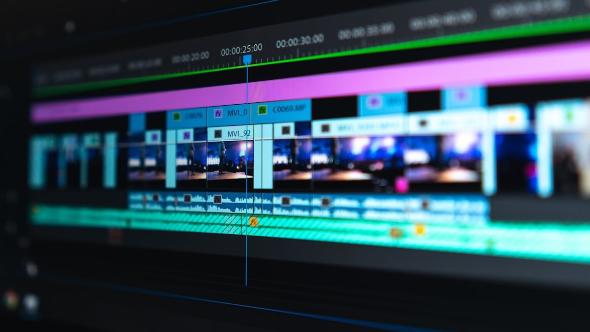 A video editing timeline on a professional editing workstation
