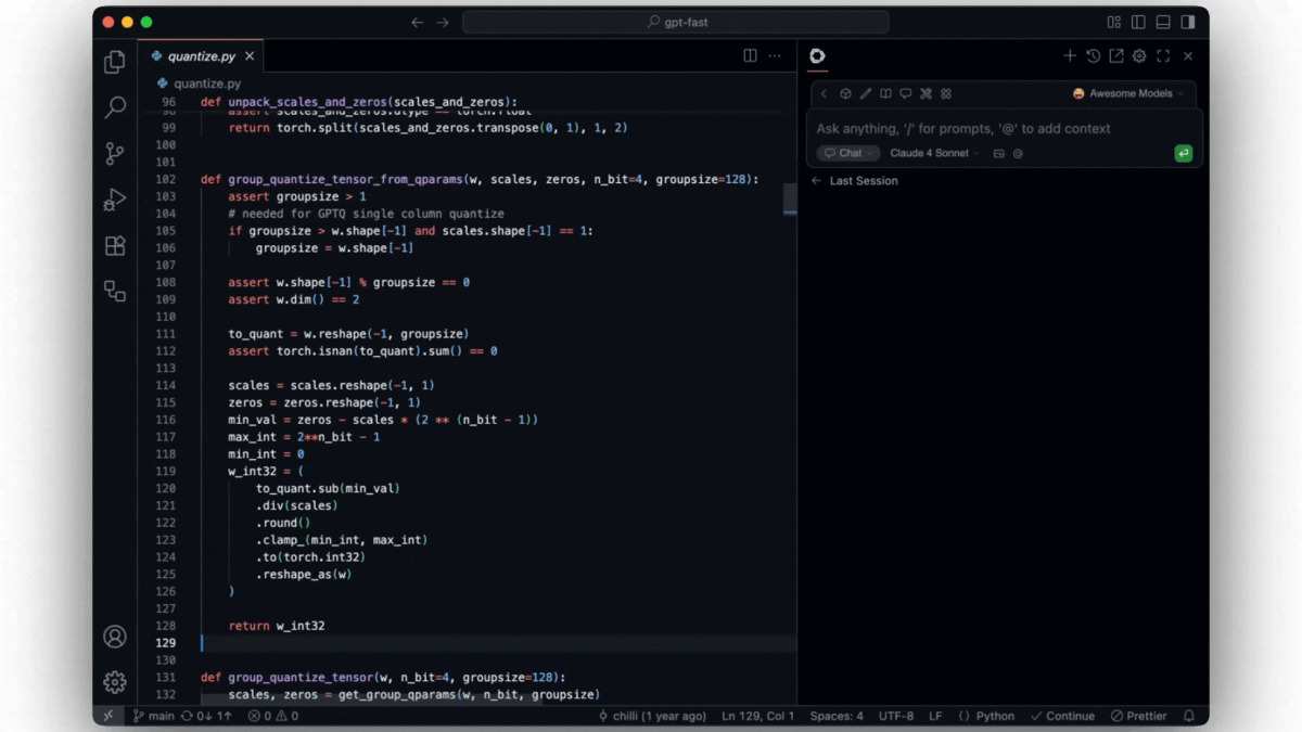 Continue.dev chat interface inside VS Code, showing the AI sidebar with model selector