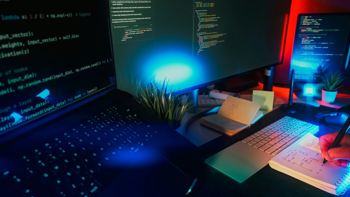 A developer workstation with multiple screens displaying code in a dark-themed setup