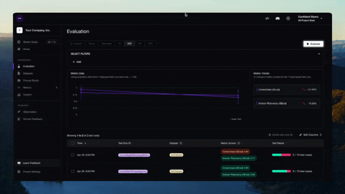 DeepEval CLI running test results against an LLM pipeline