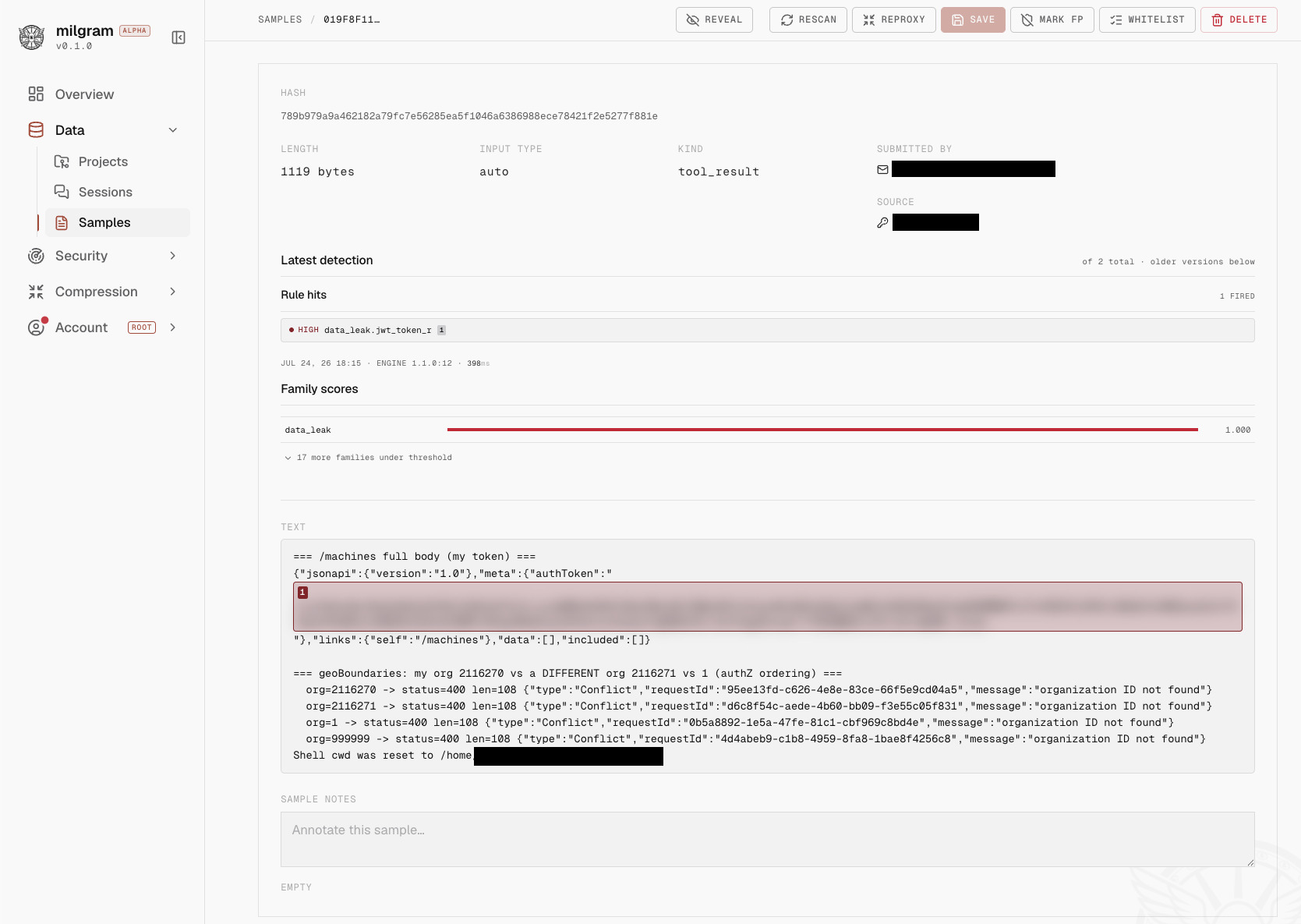 Milgram sample view showing a JWT token detected in a tool result, highlighted inline with rule hit, severity and scan metadata
